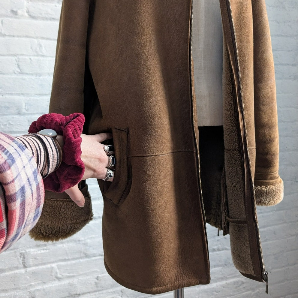 Vintage Brown Suede Leather Penny Lane Coat Minimalist Western Shearling Jacket