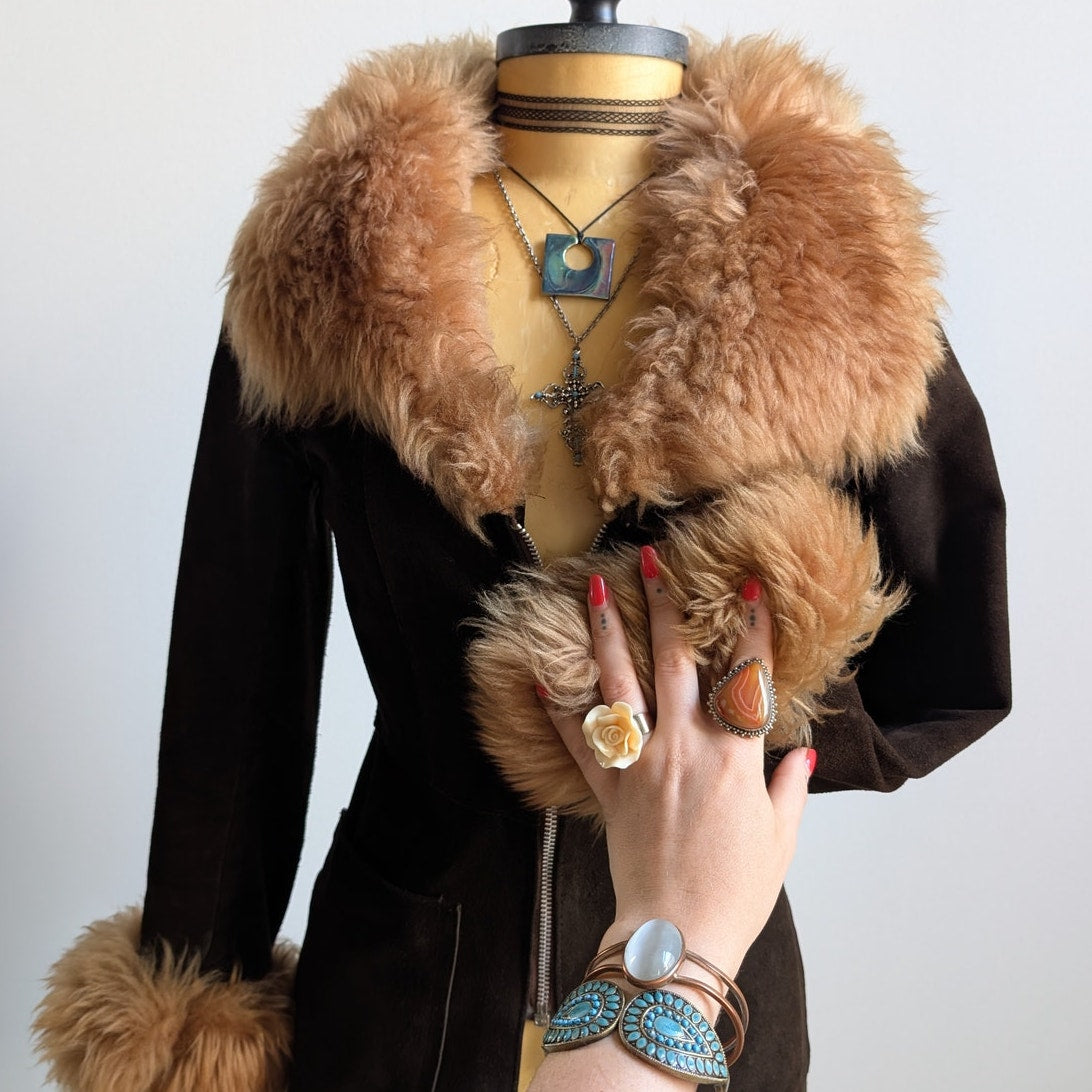 Vintage Brown Suede Penny Lane Jacket Groovy Furry 70s Leather Western Coat Smal