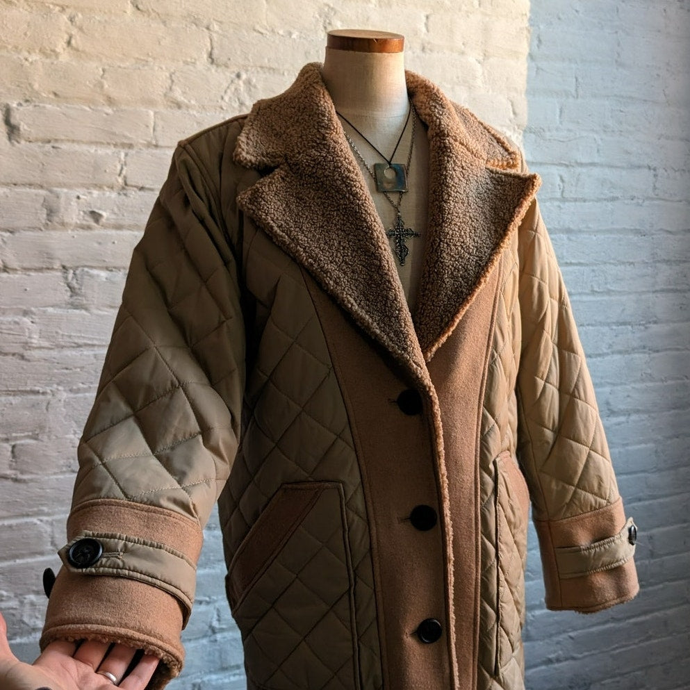 Brown Faux Fur Coat Teddy Jacket Quilted Puffer Coat Designer Reversible Medium