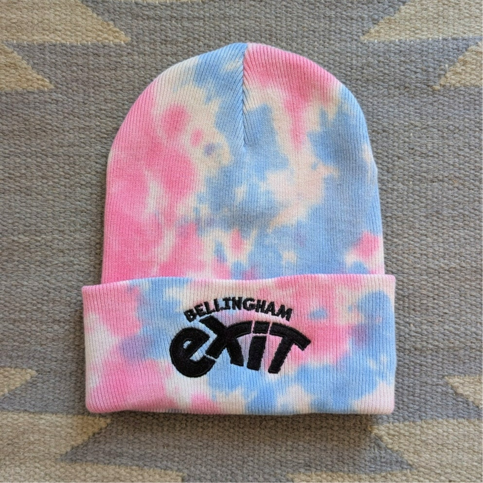 Tie Dye Beanie Blue Pink Cotton Knit Festival Hat Embroidered Exit Bellingham