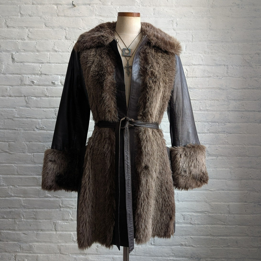 70s Vintage Black Brown Leather Penny Lane Coat Faux Fur Groovy Boho Moto Jacket