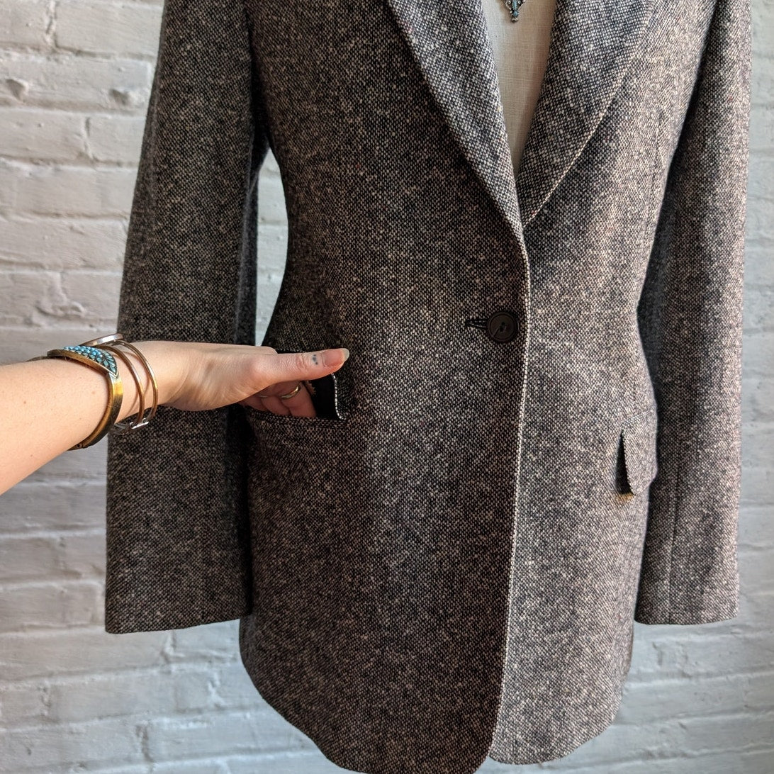 Vintage Gray Wool Blazer Tweed Herringbone Preppy Minimalist Velvet Jacket Large