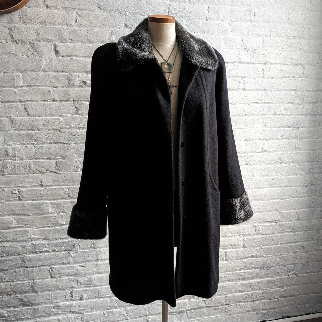 Vintage Black Wool Minimalist Trench Coat Fuzzy Faux Fur Dark Academia Jacket