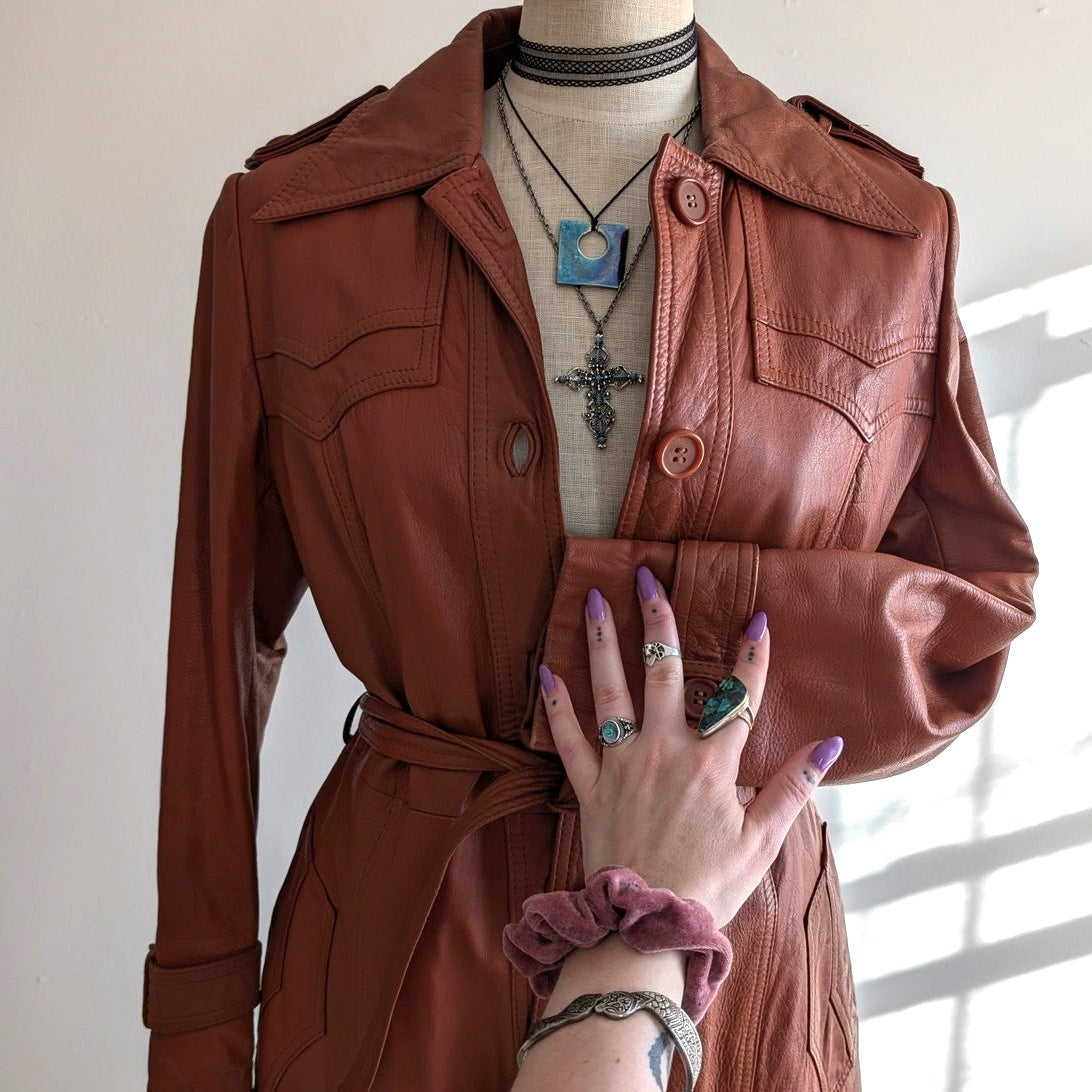 Vintage 70s Orange Brown Leather Trench Coat M Belted Western Boho Duster Jacket