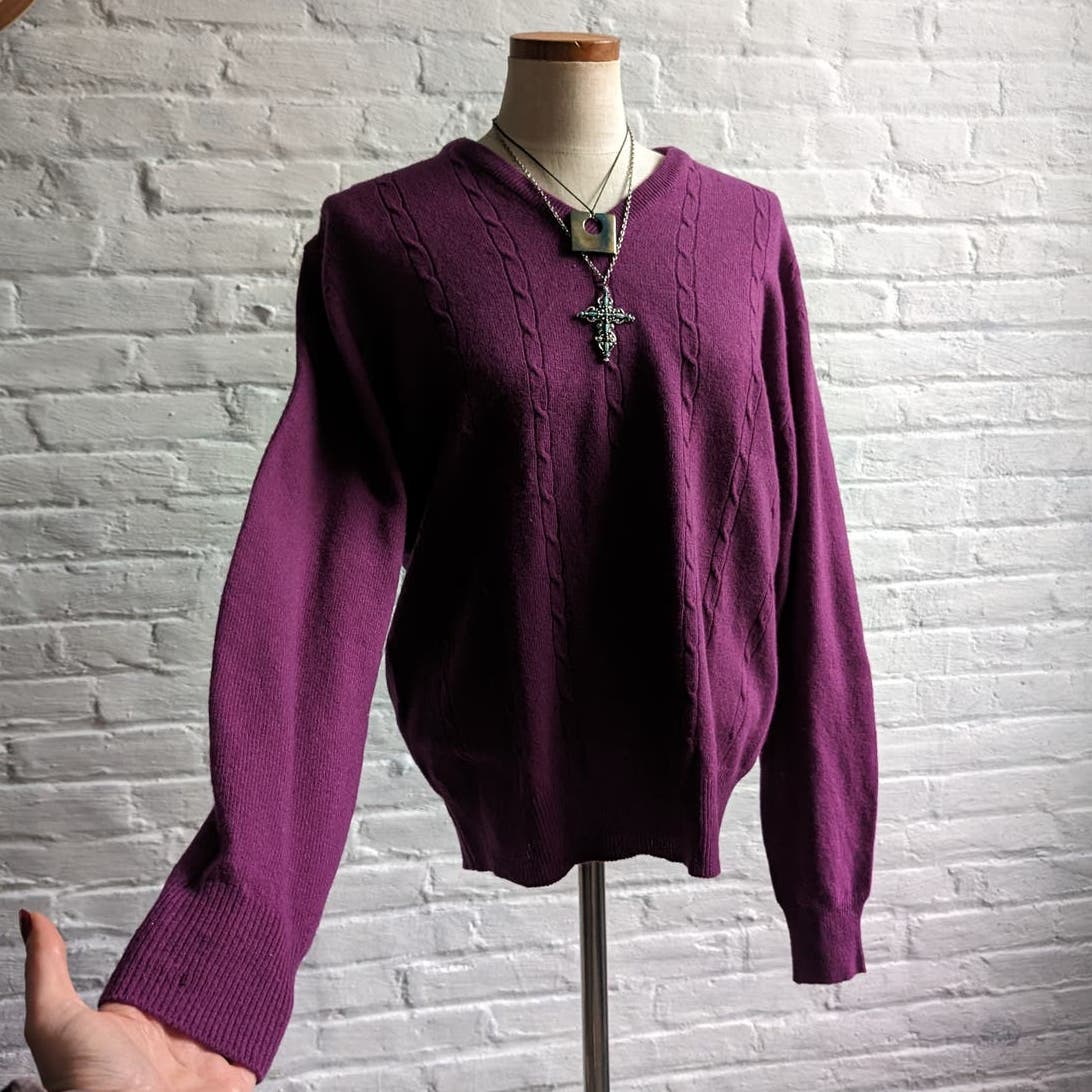Vintage Wool Cable Knit Purple Grandpa Sweater Minimalist Grunge Woodsy Top