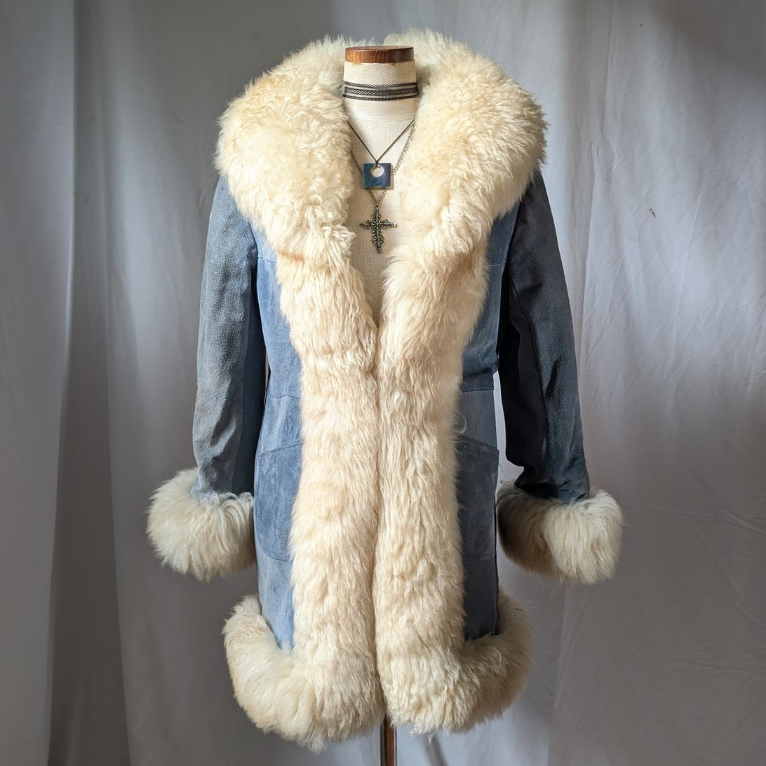 Vintage Blue Suede Afghan Coat S Penny Lane Jacket Fur Furry Leather Trench Coat
