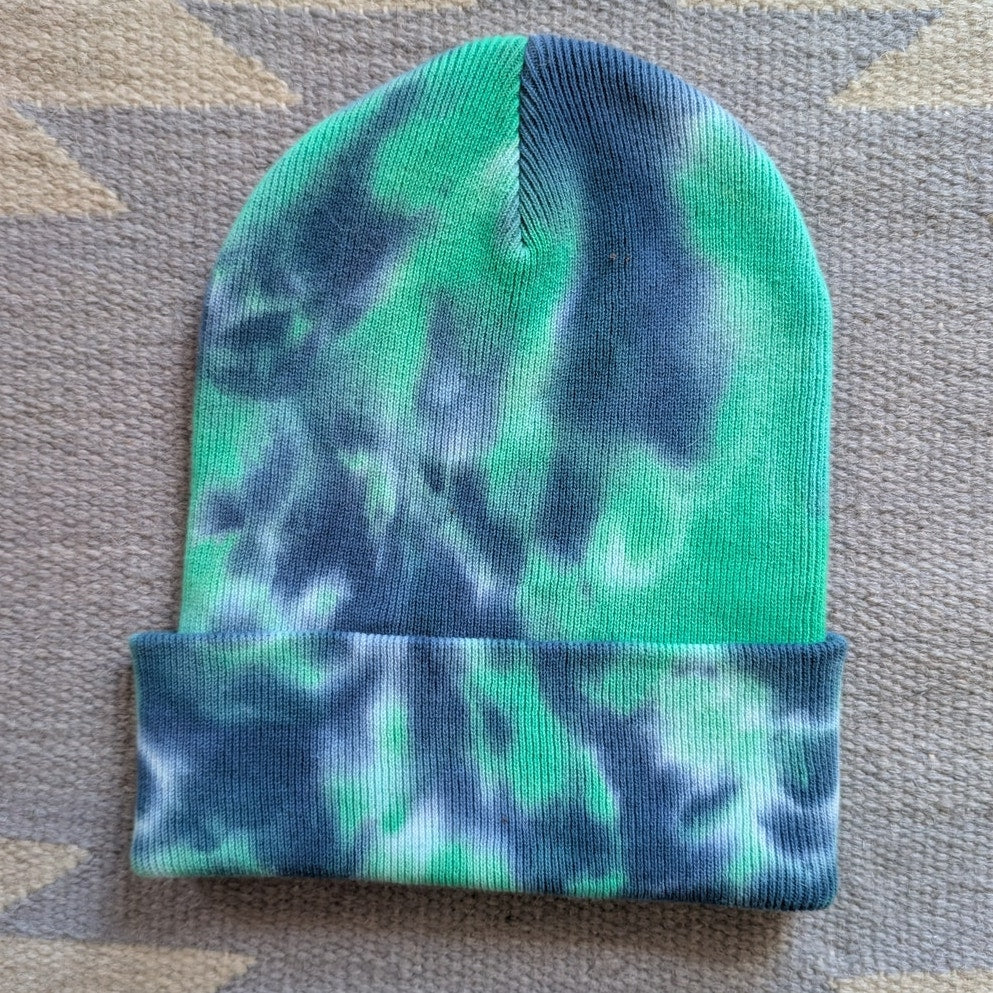 Tie Dye Beanie Green Blue Cotton Knit Festival Hat Embroidered Exit Bellingham
