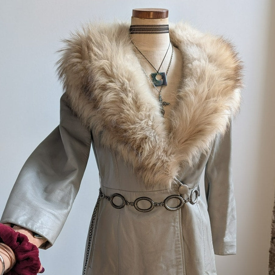 Vintage Leather Penny Lane Coat Grey Cream Fur Trim Trench Afghan Jacket Medium