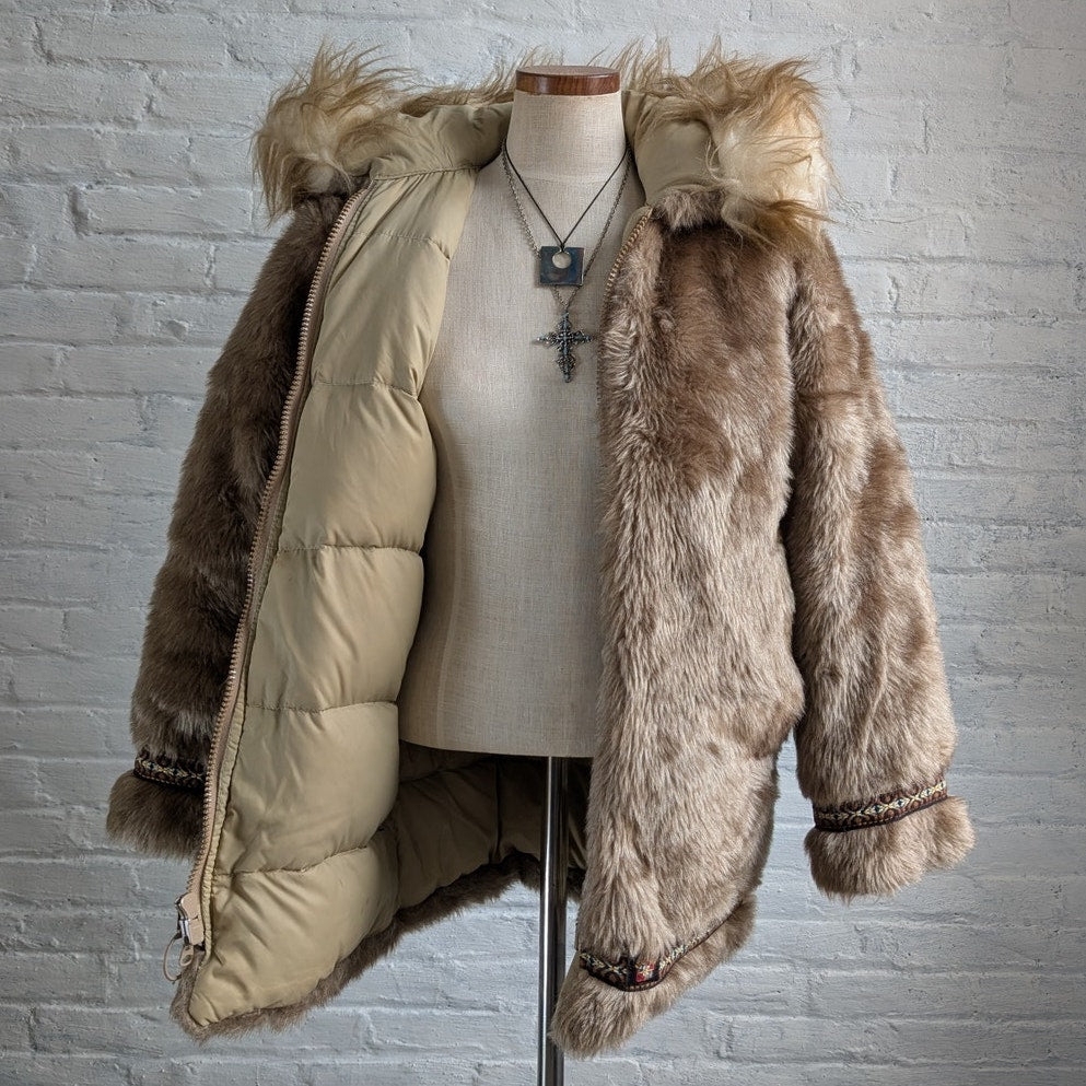 70s Vintage Faux Fur Brown Parka Coat Minimalist Shaggy Fuzzy Hooded Boho Jacket