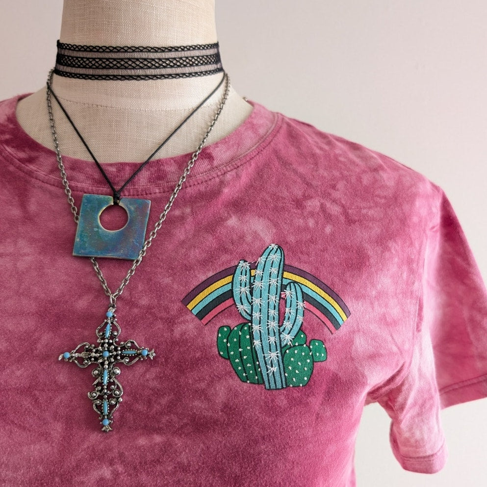 Y2K Pink Tie Dye Graphic Tee Crop Top S Concert Festival Cactus Boho Chic Top