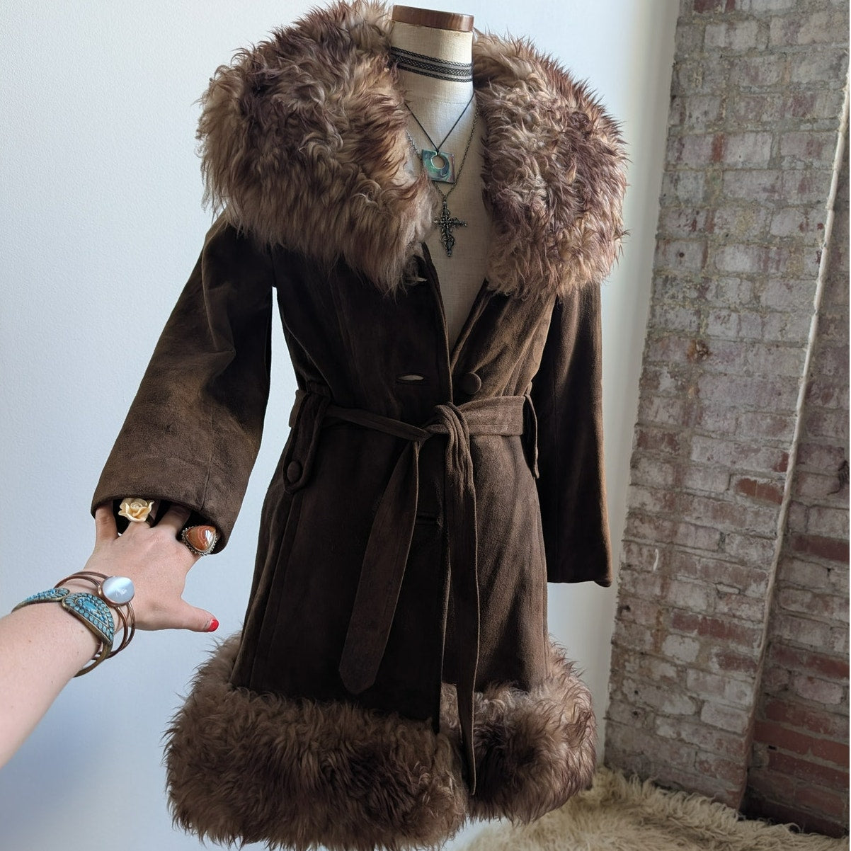 Vintage Brown Suede Fur Trim Penny Lane Jacket Genuine Leather Trench Coat Small