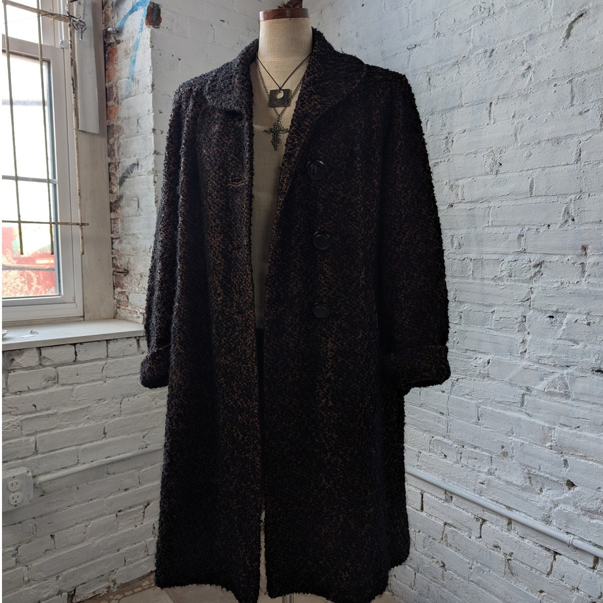 Vintage Black Rusty Fuzzy Wool Trench Coat Preppy Knit Boucle Boho Breezy Jacket