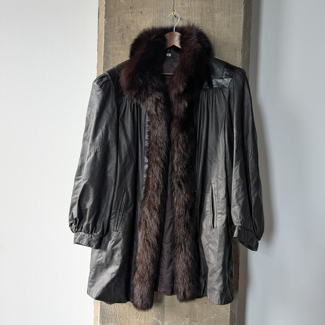 Vintage Black Leather Trench Coat Fur Penny Lane Jacket Goth Minimalist Large