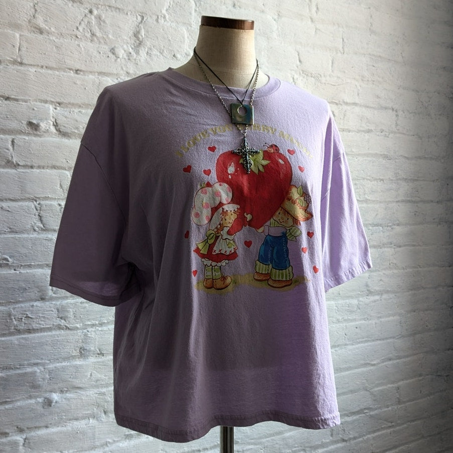 Retro Strawberry Shortcake Graphic Tee Pastel Purple Kawaii Heart Tshirt Top XXL