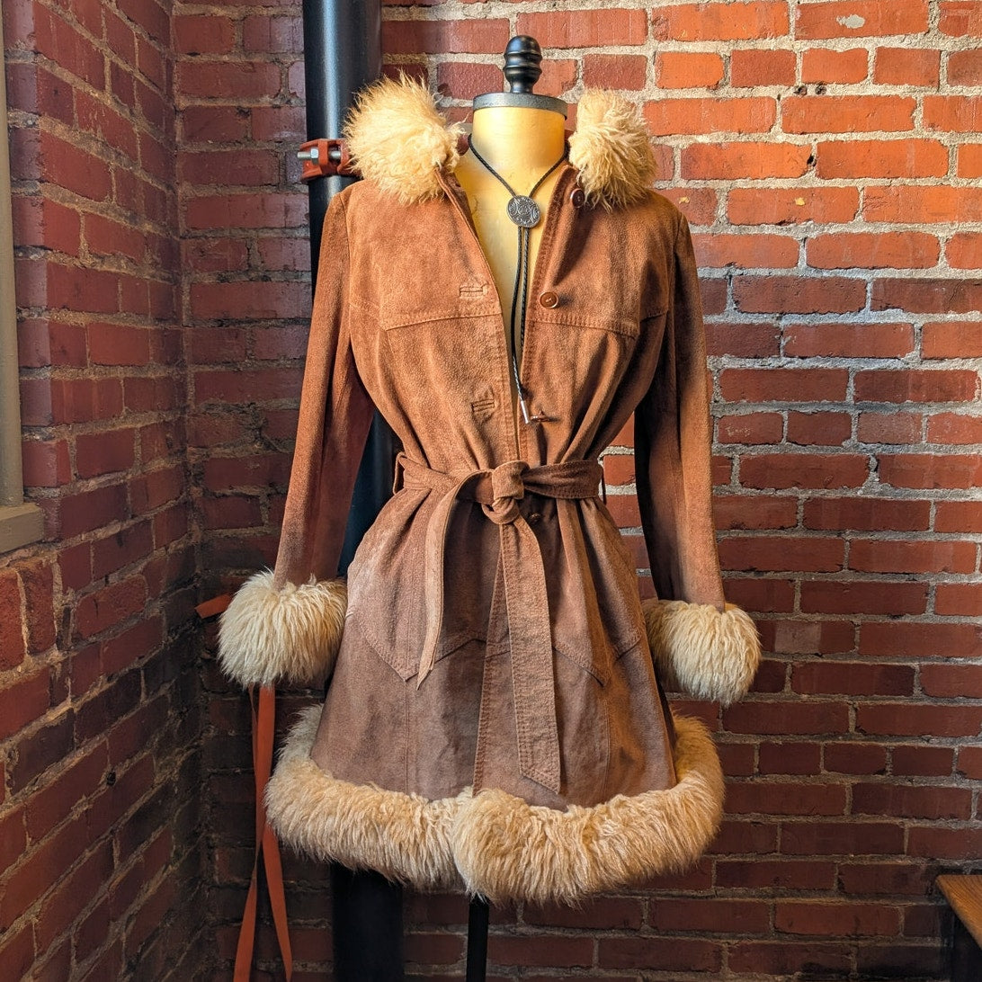 Vintage Brown Suede Coat Penny Lane Jacket Leather Trench Fur Coat Afghan Small