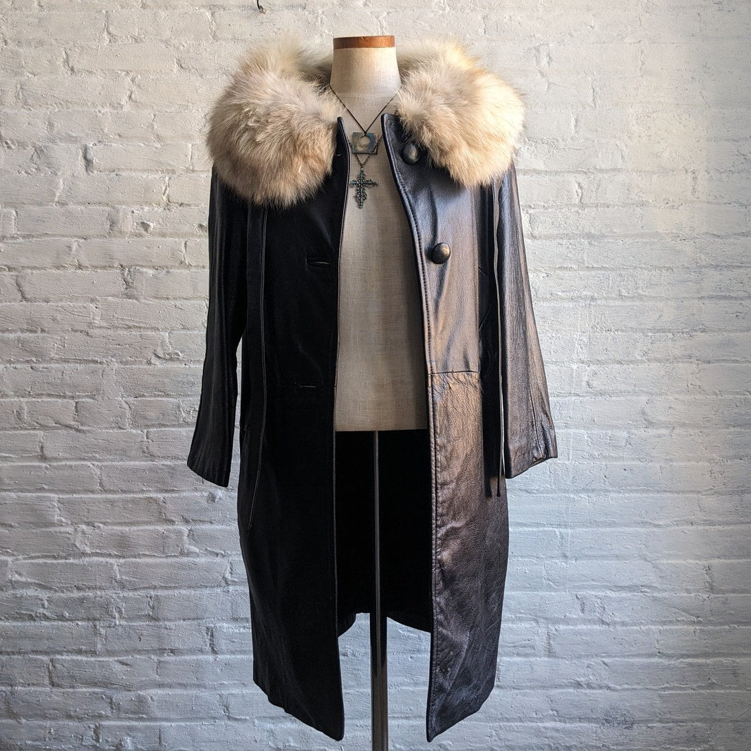Vintage Black Genuine Leather Penny Lane Coat Fox Fur Trench Minimalist Jacket