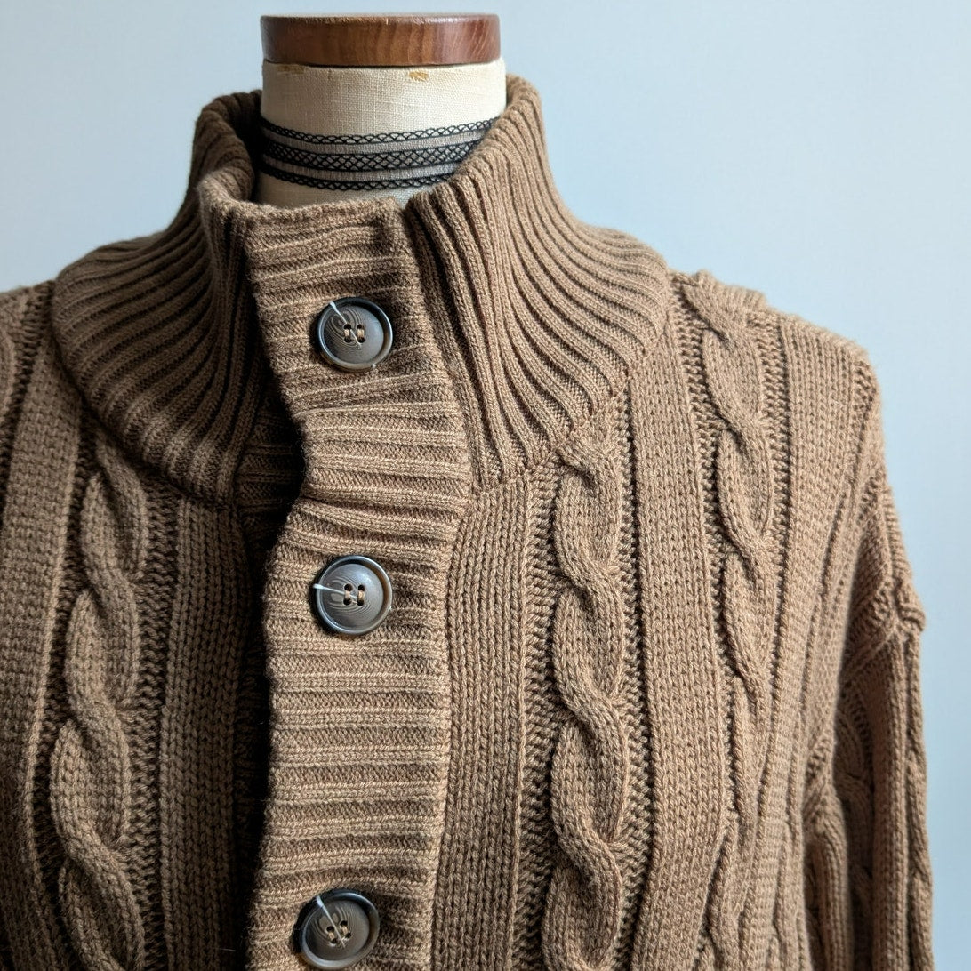 Vintage Brown Cable Knit Cardigan Chunky Grandpa Cosby Sweater Minimalist XL