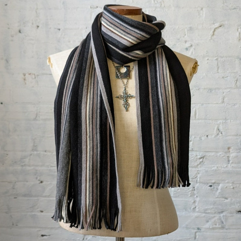 Vintage Blue Knit Wool Striped Scarf Preppy Retro Minimalist Knit Fringe Wrap