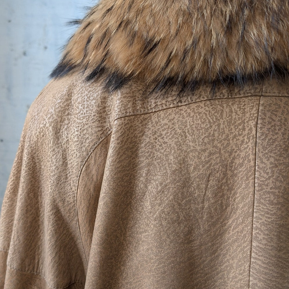 Vintage Tan Genuine Suede Raccoon Fur Trim Coat Leather Mini Trench Jacket