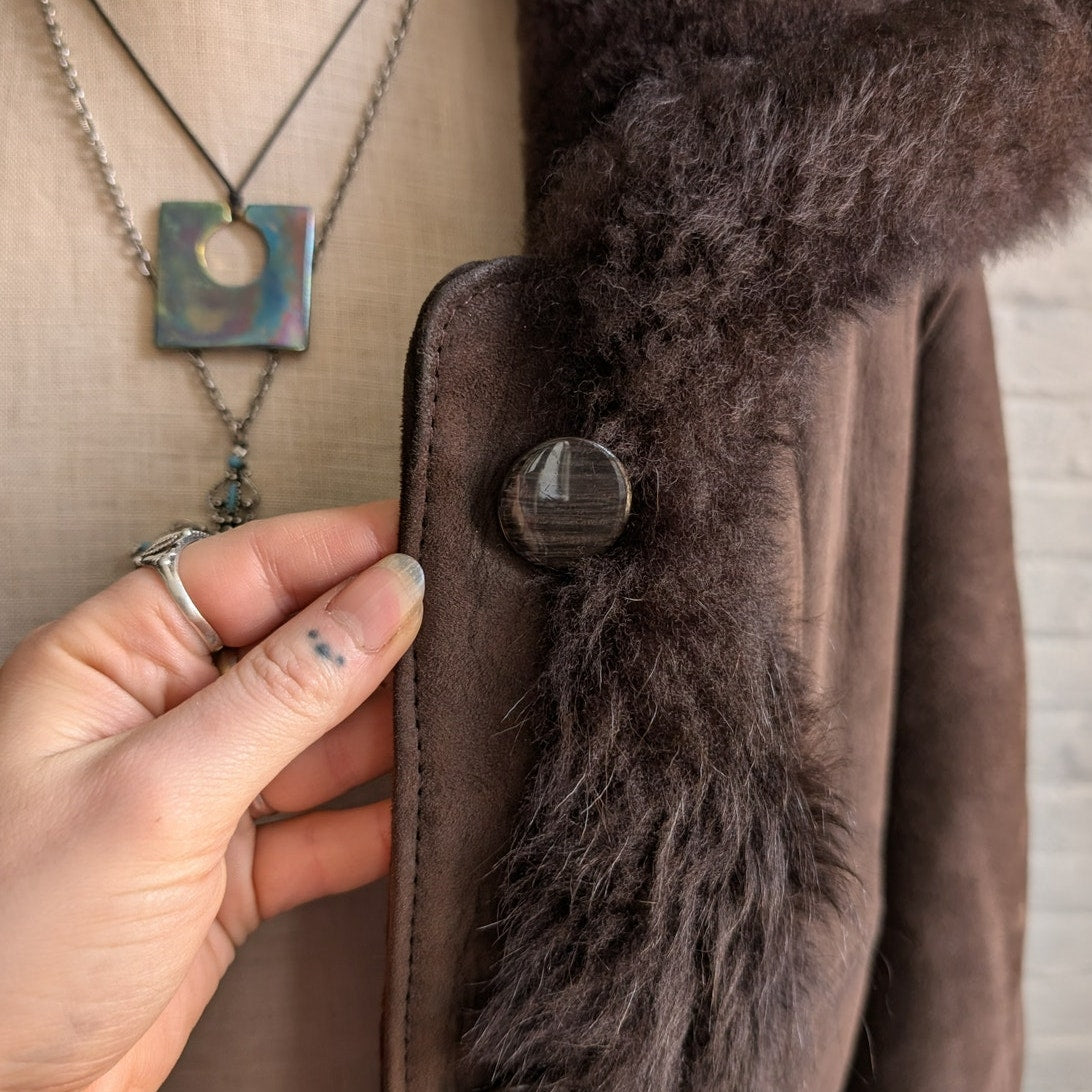 Vintage Brown Suede Fur Jacket Penny Lane Fur Furry Leather Groovy Trench Coat