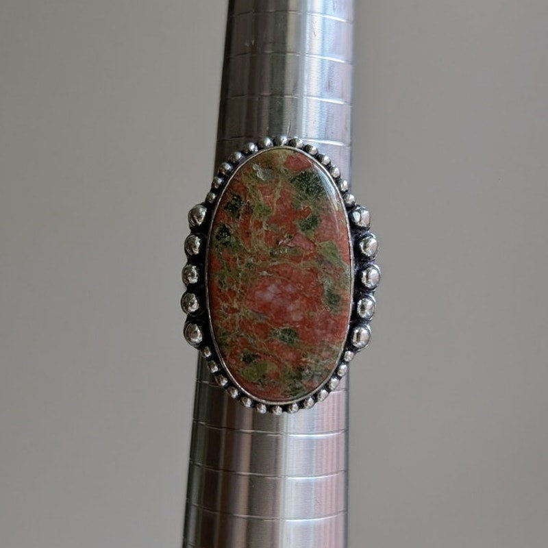 Earthy Green Pink Natural Stone Ring Boho Chic Sterling Silver Vintage Size 9