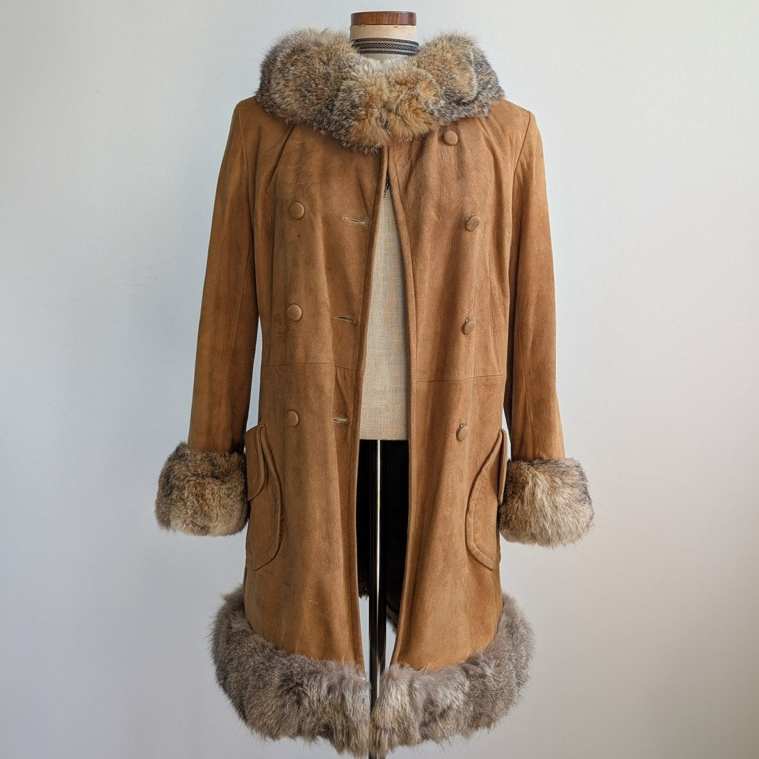 Vintage Brown Suede Fur Trim Penny Lane Jacket Furry Leather Trench Coat Medium