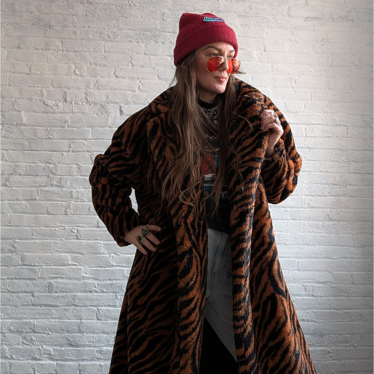 Y2K Orange Cheetah Faux Fur Trench Coat Striped Animal Print Fuzzy Furry Jacket
