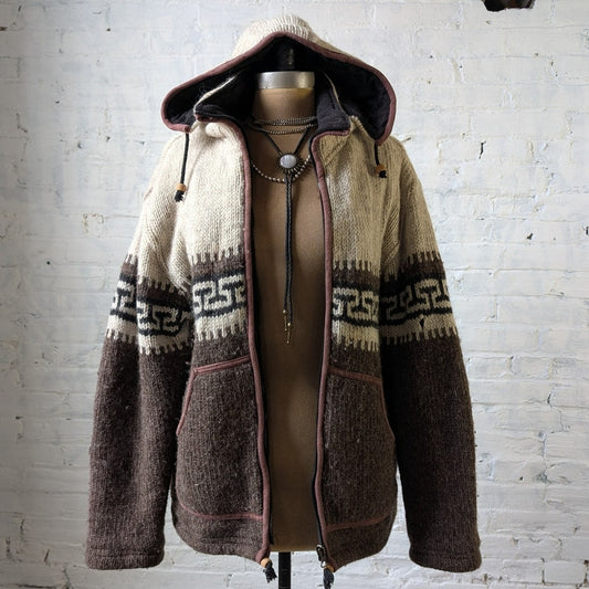 Vintage Hand Knit Wool Fleece Jacket Fuzzy Chunky Grandpa Sweater Nordic Coat