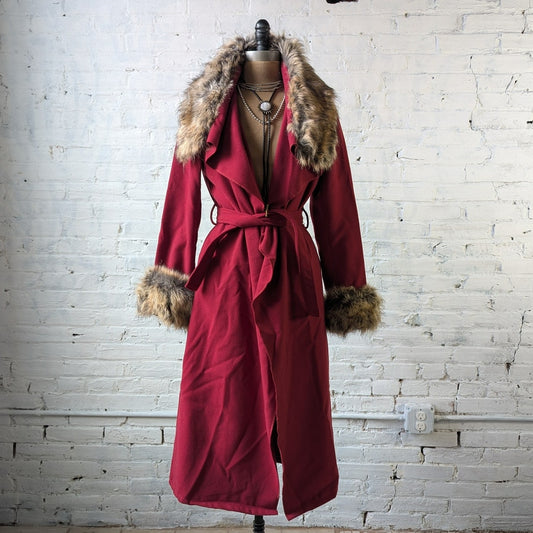Y2K Red Faux Fur Shaggy Penny Lane Jacket Dark Romance Knit Bratz Trench Coat