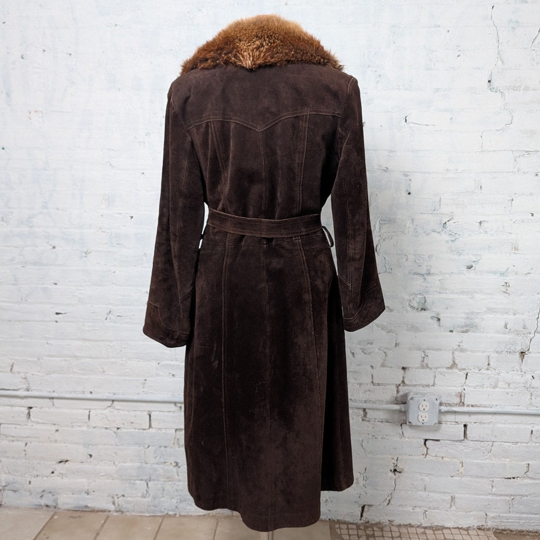 Penny Lane Coat Vintage Brown Leather Trench Coat Brown Suede Fur Coat Large
