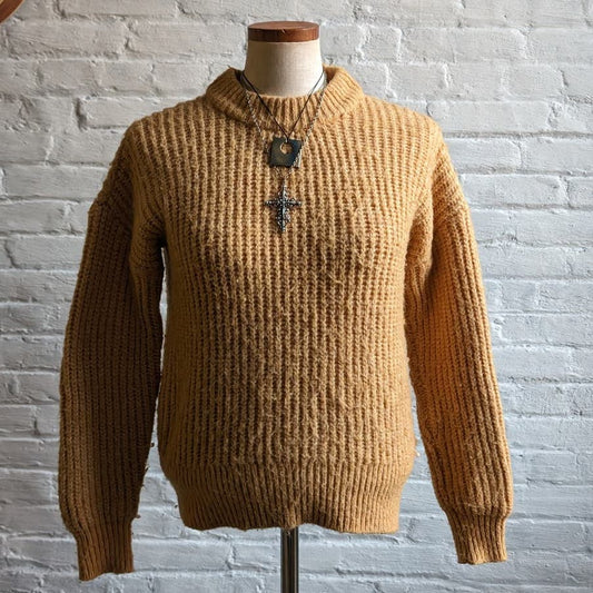 Y2K Vintage Mustard Yellow Chunky Knit Sweater Fuzzy Minimalist Cottagecore Top