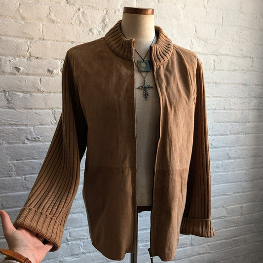 90s Vintage Brown Suede Jacket Vegan Knit Shacket Cozy Boho Western Cardigan