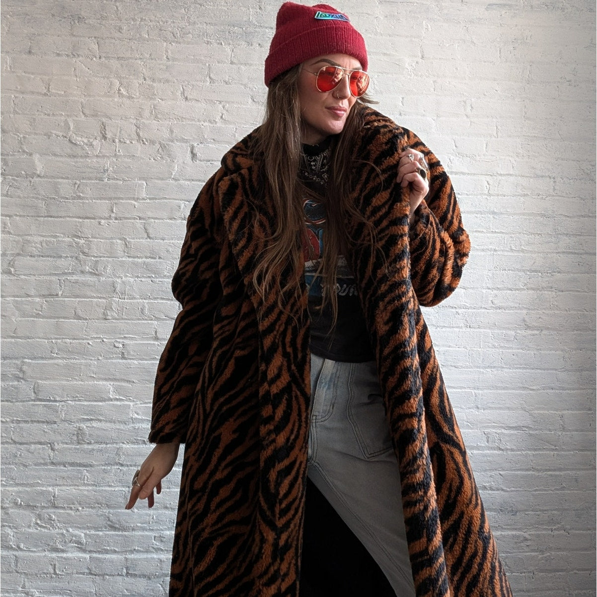 Y2K Orange Cheetah Faux Fur Trench Coat Striped Animal Print Fuzzy Furry Jacket