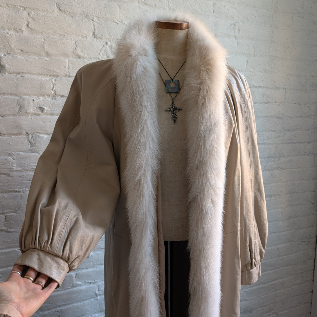 Vintage White Leather Snakeskin Trench Coat Minimalist Penny Lane Fox Fur Jacket