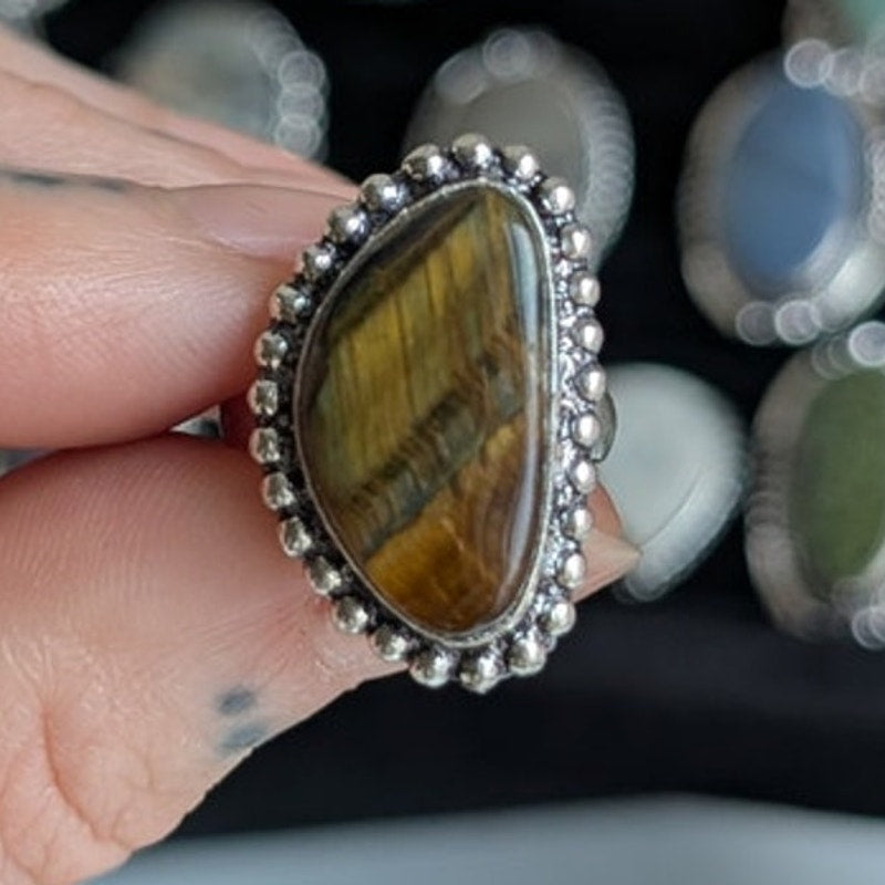 Brown Teardrop Sterling Silver Ring Retro Vintage Boho Natural Stone Size 5