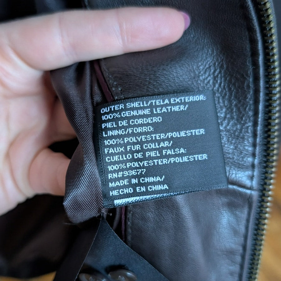 Vintage Brown Leather Jacket Y2K Sexy Lambskin Moto Chic Biker Bomber Coat Large