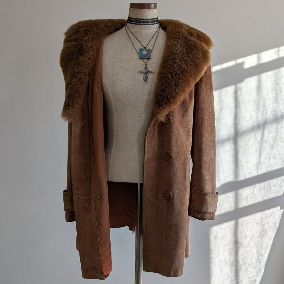 Vintage Brown Suede Penny Lane Coat Fur 70s Leather Jacket Boho Afghan Medium