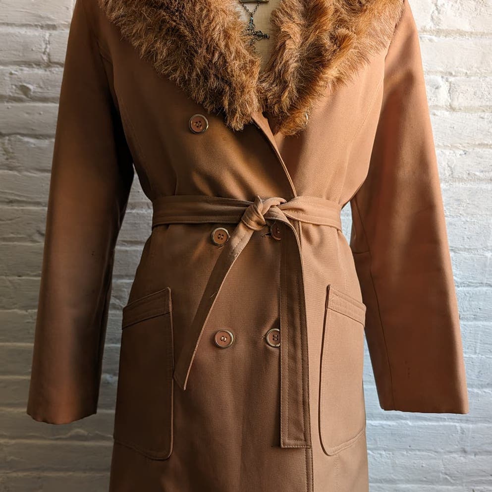 70s Vintage Faux Fur Brown Penny Lane Trench Coat Groovy Minimalist Chic Jacket
