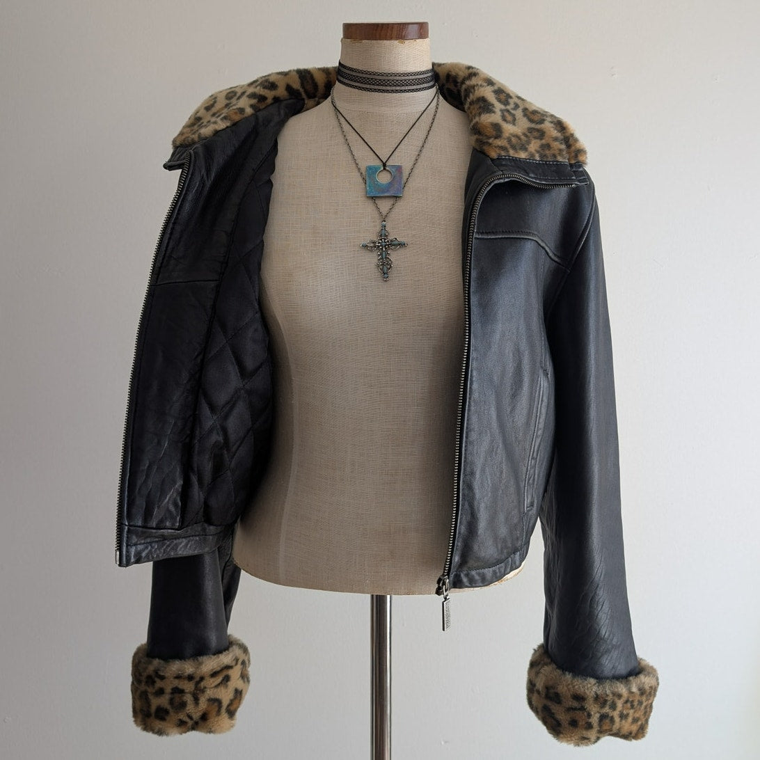 Y2K Vintage Black Leather Biker Jacket Faux Fur Coat Crop Cheetah Print Medium
