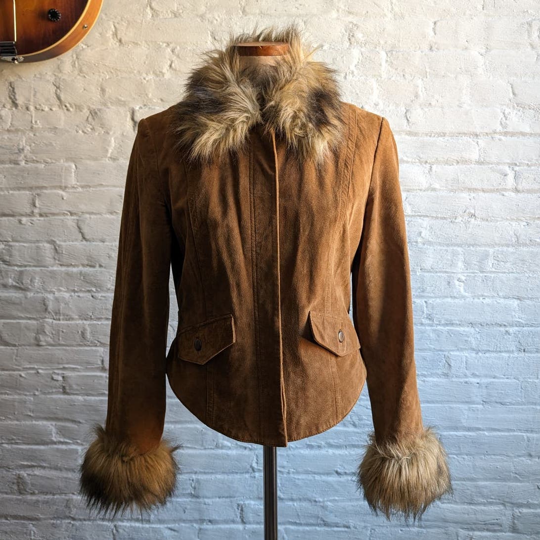 Y2K Vintage Furry Penny Lane Coat Genuine Suede Leather Vegan Fur Shag Jacket