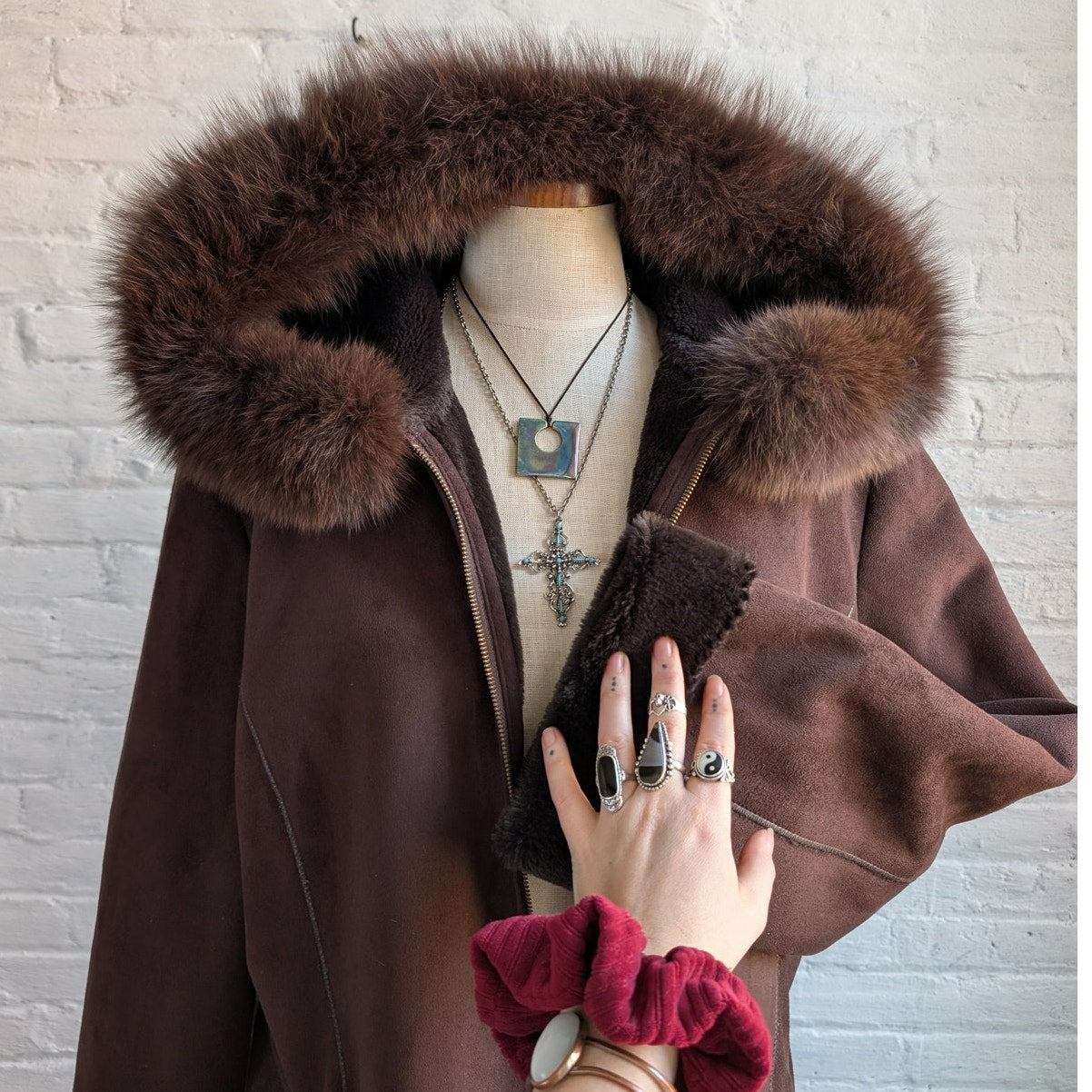 Vintage Brown Faux Suede Fox Fur Trim Coat Minimalist Mini Trench Boho Jacket