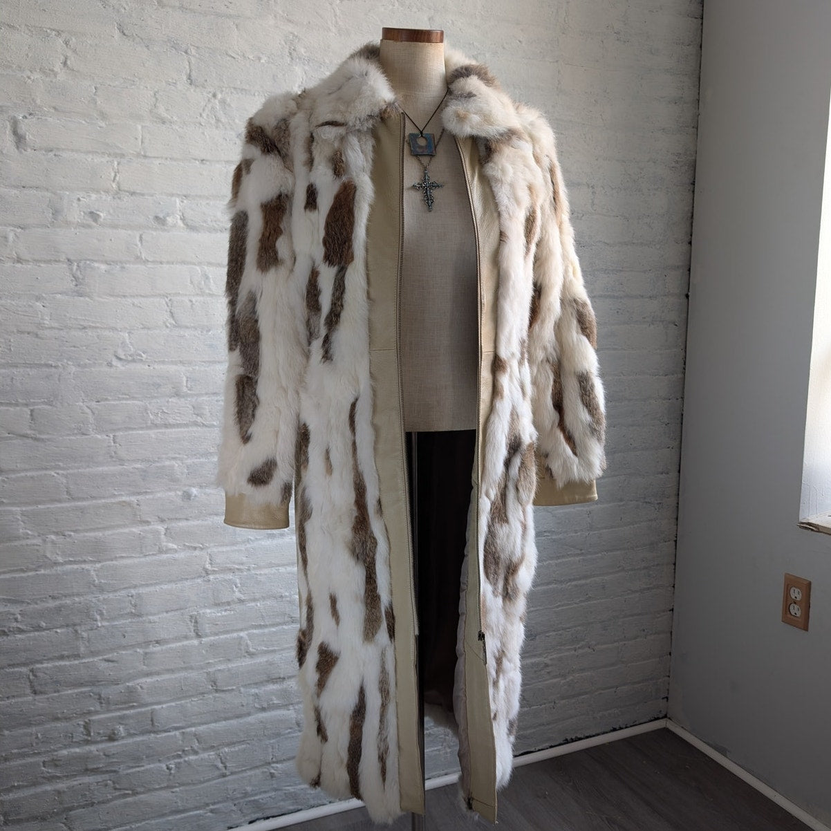 Vintage Patchwork Rabbit Fur Penny Lane Trench Coat Genuine Suede Leather Jacket