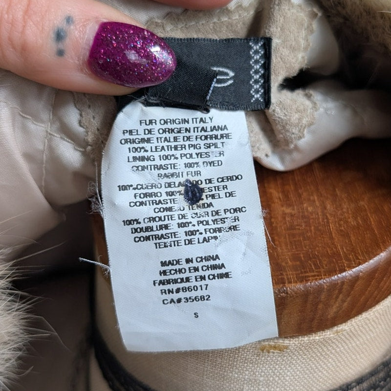 Vintage Tan Suede Penny Lane Coat Neutral Leather Fur Trim Boho Chic Coat Small