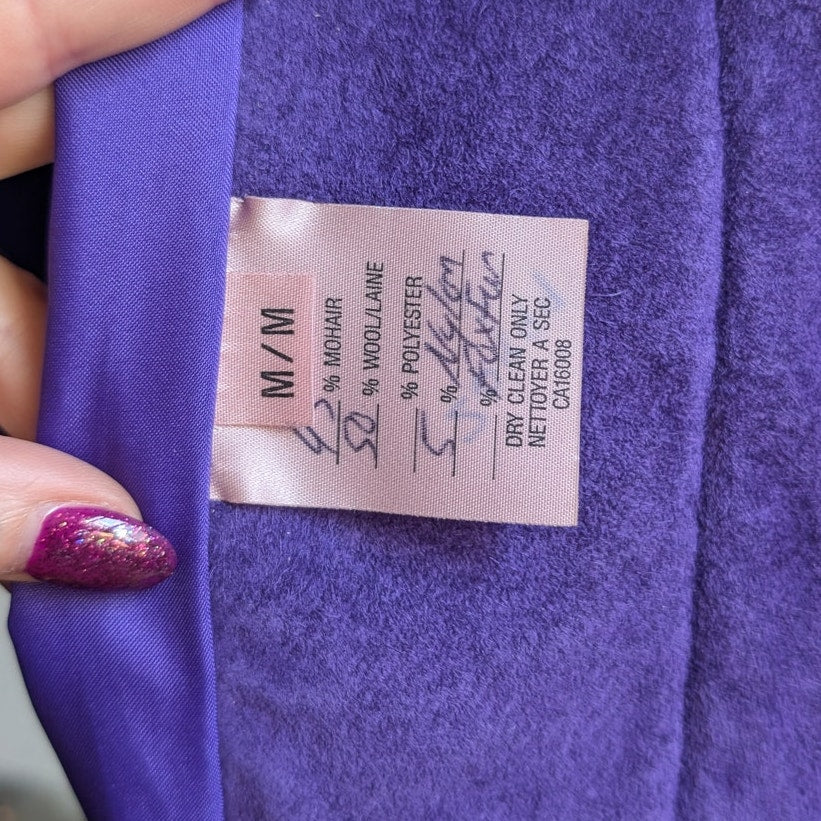 Vintage Purple Suede Mohair Cape Wool Jacket Shag Fur Coat Leather Poncho Medium