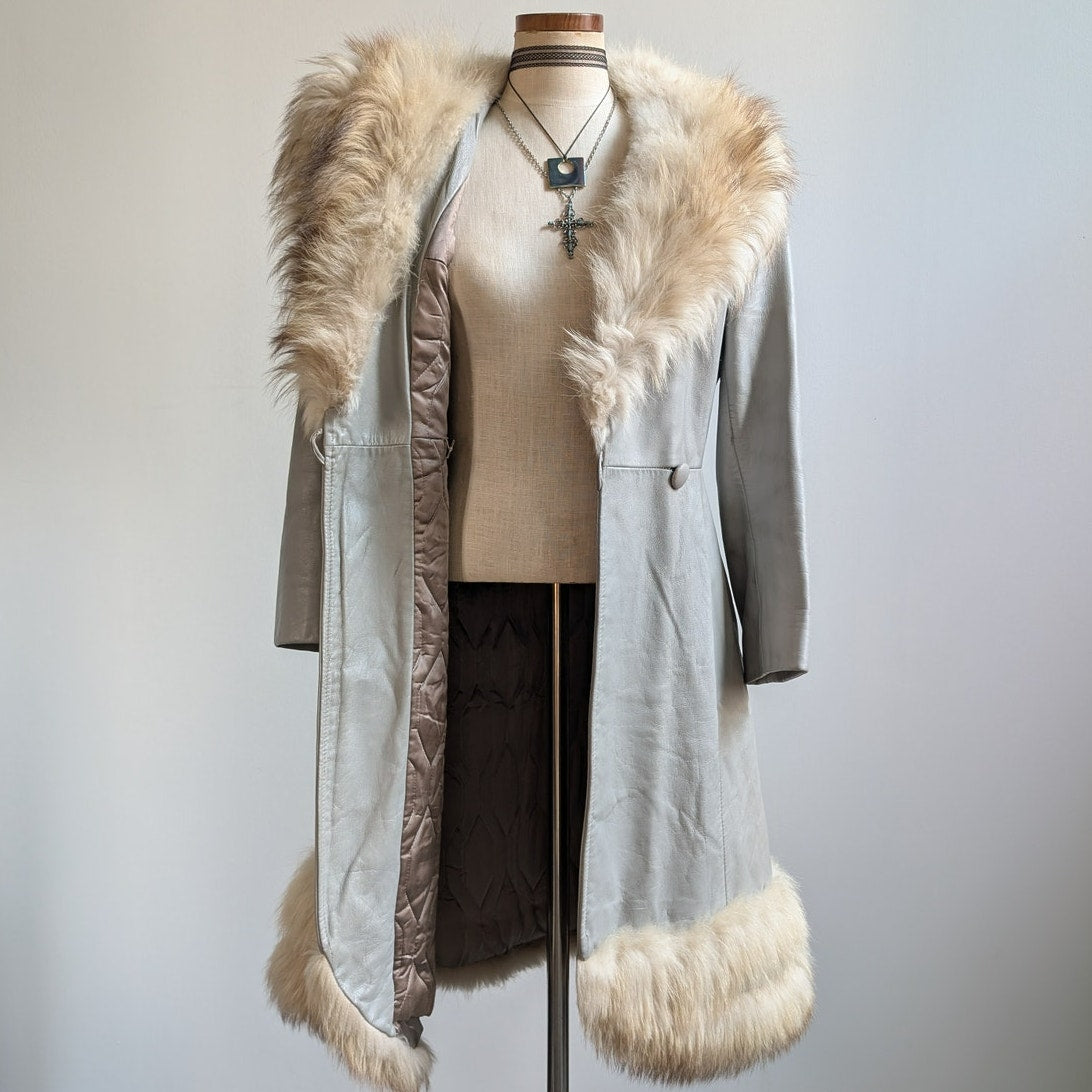 Vintage Leather Penny Lane Coat Grey Cream Fur Trim Trench Afghan Jacket Medium