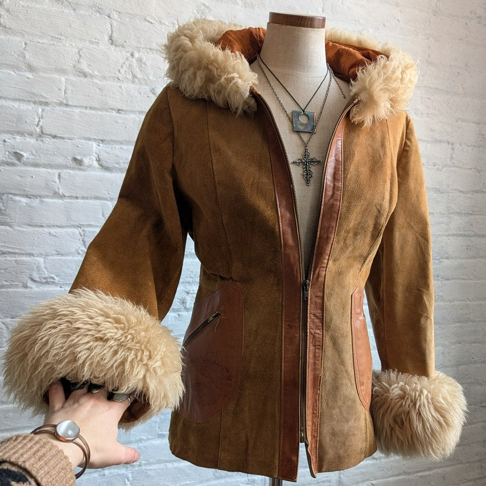 70s Vintage Orange Suede Penny Lane Jacket Groovy Shearling Leather Afghan Coatq