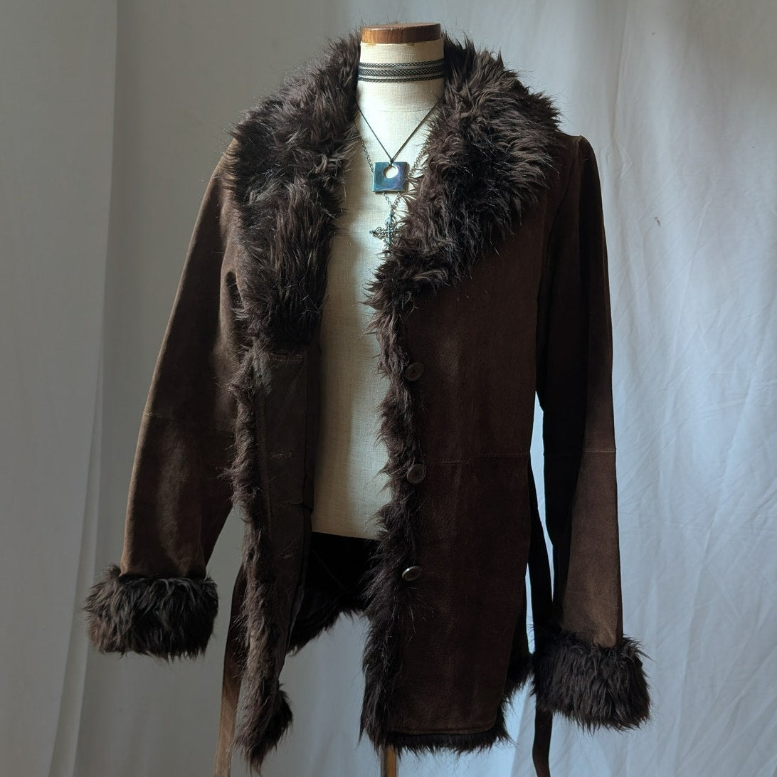 Y2K Vintage Brown Suede Penny Lane Coat M Faux Fur Leather Jacket Boho Afghan