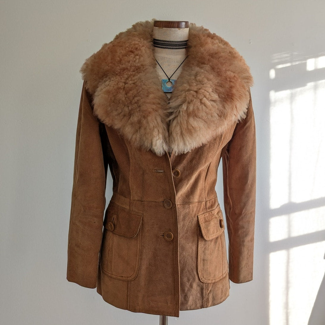Vintage Brown Leather Coat 70s Suede Penny Lane Jacket Boho Chic Neutral Small