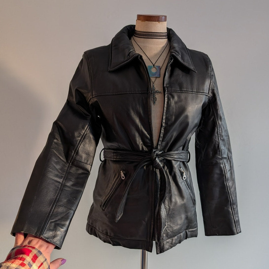 Vintage Black Genuine Leather Trench Coat Minimalist Goth Duster Jacket Small