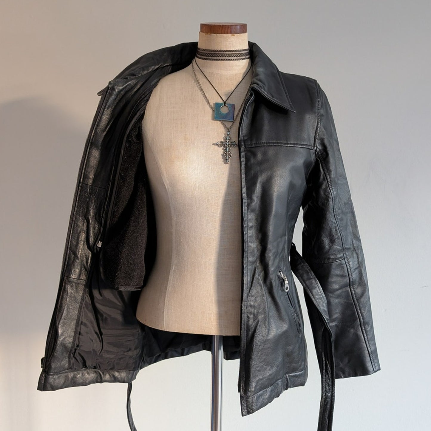 Vintage Black Genuine Leather Trench Coat Minimalist Goth Duster Jacket Small